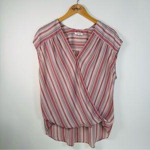 Max Studio Hi-Lo Draped Faux Wrap Cap Sleeve Striped Blouse Top Red Cream Large